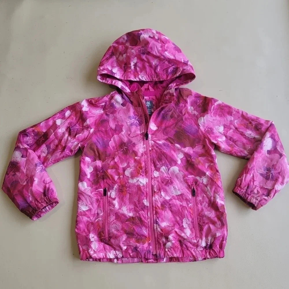 Gap Fit Long Sleeve Jacket Girl's Pink Purple Floral Windbreaker Rain L 10-11 Y